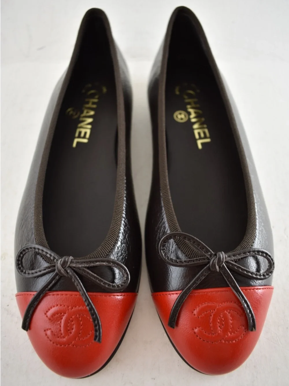 Chanel 26S Dark Brown Red Leather CC Logo Cap Classic Ballet Ballerina Flat 37 - Picture 7 of 16